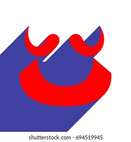 Mustache and beard. Vector. Red flat style icon with dark blue long shadow on white background.