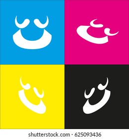 Mustache and beard. Vector. White icon with isometric projections on cyan, magenta, yellow and black backgrounds.
