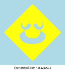 Mustache and beard. Vector. Yellow romb with hole as icon on lightblue background.