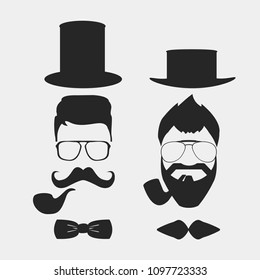 mustache, beards, hair hipster with glasses, bow tie and smoking pipe . Retro curly collection. Barber silhouette Gentleman, man, father. Vector Illustration