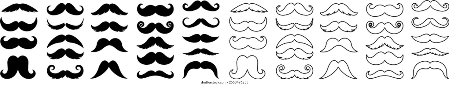 Mustache Black silhouette icon in flat line set. Symbol of Father day man mustaches Vector for apps or website Moustache for men face whisker tendril isolated on transparent background.