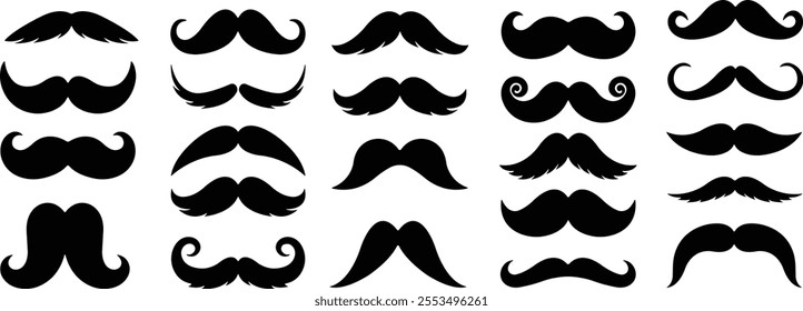 Mustache Black silhouette icon in flat set. Symbol of Father day man mustaches Vector for apps or website Moustache for men face whisker tendril isolated on transparent background.