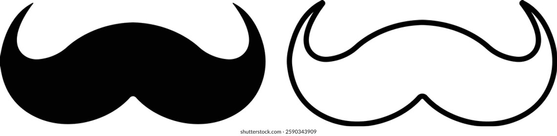 Mustache Black silhouette icon in flat line set. Symbol of Father day man mustaches Vector for apps or website Moustache for men face whisker tendril isolated on transparent background.