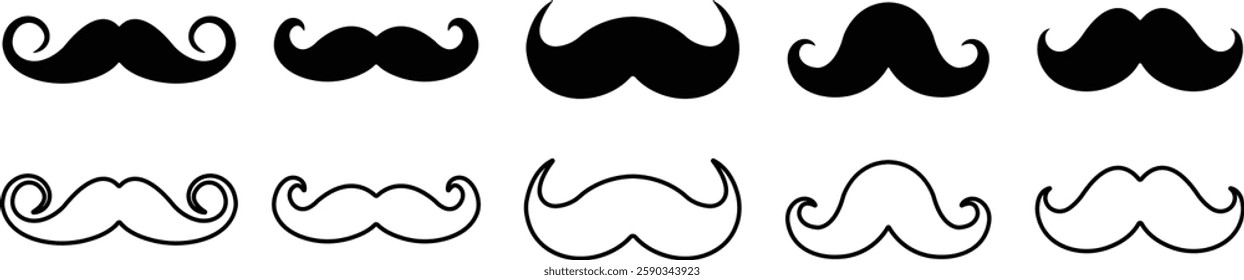 Mustache Black silhouette icon in flat line set. Symbol of Father day man mustaches Vector for apps or website Moustache for men face whisker tendril isolated on transparent background.