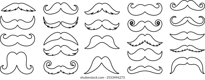 Mustache Black silhouette icon in line set. Symbol of Father day man mustaches Vector for apps or website Moustache for men face whisker tendril isolated on transparent background.