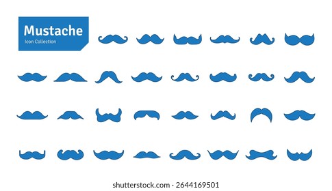 Mustache Blue Vector Set. Barbershop and Haircut Graphic Collection. Vector Set of Dress Up Constructor. Hipster Men Style Creation Kit Elements.