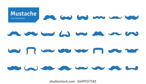 Mustache Blue Vector Set. Barbershop and Haircut Graphic Collection. Vector Set of Dress Up Constructor. Hipster Men Style Creation Kit Elements.