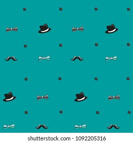 Mustache, bow, buttons and hat seamless pattern. Vector illustration on turquoise background