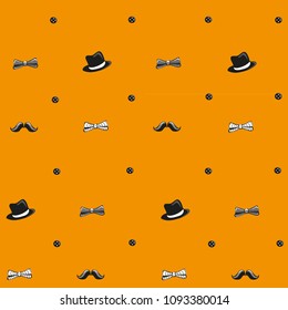 Mustache, bow, buttons and hat seamless pattern. Vector illustration on orange background