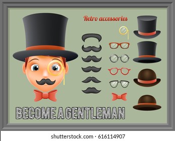 Mustache Bow Glasses Top Hat Gentleman Victorian Business Cartoon Icons Set English Isolated Background Retro Vintage Great Britain Design Vector Illustration