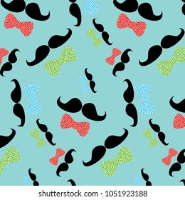 Mustache and bow tie vector pattern illustration on a turquoise blue background. Fathers day card template