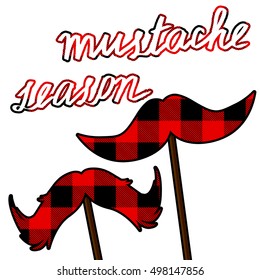  Mustache card with lumberjack pattern. Mustache season vector image.