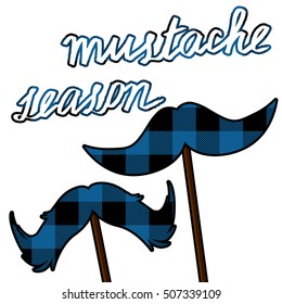  mustache card with lumberjack pattern. Mustache season vector clipart.