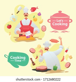 Mustache Chef Mascot With Ingredients Vector Illustration