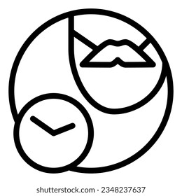 Mustache e icono de la línea de reloj. Cara con ilustración vectorial de bigote aislada en blanco. Estilo de contorno de tiempo de ahorro diseñado para y aplicación. Eps 10.