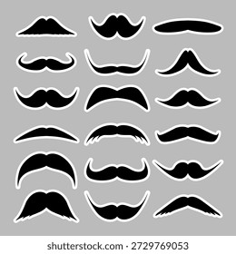 Schnurrbart Sammlung in verschiedenen Arten von Schnurrbärten. Hipster, Friseur, Retro, Vintage-Gesichtshaar-Icons für Logo, Branding, Poster, Aufkleber, Mode, Friseurladen, Designprojekte. Vektorgrafik