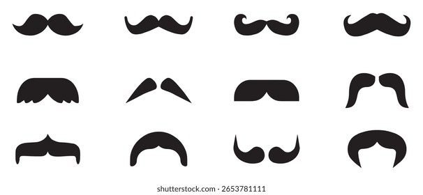 Conjunto de coleta de bigode. Conjunto de bigodes. Conjunto de ícones do bigode do homem negro. Ilustração de vetor.