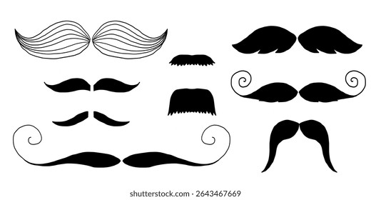 Mustache curly pyramid horseshoe imperial pencil english italian and vintage narrow french walrus brush male hipster modern fashion. Moustache trendy styles set. Chevron vector. 