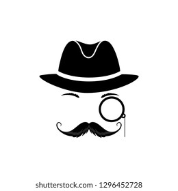 A Mustache Detective In A Hat And With A Monocle. Gentleman In A Bowler Cap. Sleuth Vector Icon.