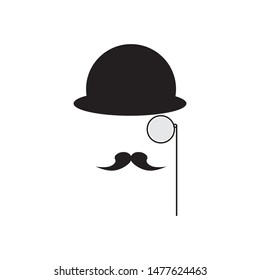 A Mustache Detective In A Hat And With A Monocle. Gentleman In A Bowler Cap. Detective Vector Icon.