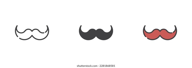 Mustache different style icon set. Line, glyph and filled outline colorful version, outline and filled vector sign. Barber shop symbol, logo illustration. Vector graphics