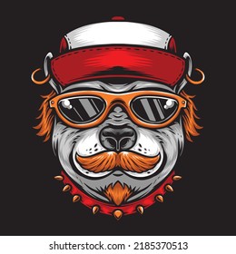 mustache dog wearing sunglasses and hat vector