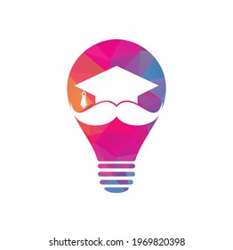 Mustache education bulb shape concept logo. Strong education logo design template. Hat graduation with mustache icon design.	
