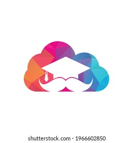 Mustache education cloud shape concept logo. Strong education logo design template. Hat graduation with mustache icon design.	