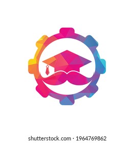 Mustache education gear shape concept logo. Strong education logo design template. Hat graduation with mustache icon design.	