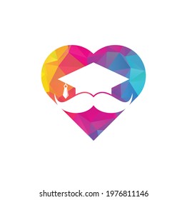 Mustache education heart shape concept logo. Strong education logo design template. Hat graduation with mustache icon design.	
