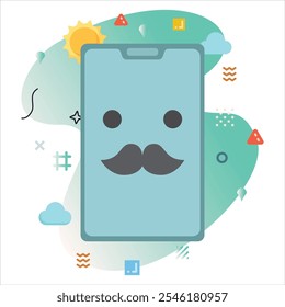 Expressão de Emoji Mustache na tela do smartphone - Ilustração digital alegre com fundo branco e formas abstratas | Mustache emoji ícone design na tela do smartphone