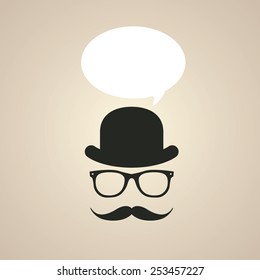 Mustache and eyeglasses vector icon with talk bubble. Chat flat icon. Retro background.