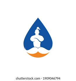 Mustache genie drop shape vector logo design. Strong genie icon template