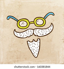 Mustache, Brille und Bart. Cute-handgezeichnete Vektorgrafik, Vintage-Papier, Stoffhintergrund