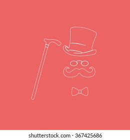 Mustache, glasses, cane and a hat illustration. Gentleman icon.