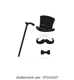 Mustache, glasses, cane and a hat illustration. Gentleman icon.