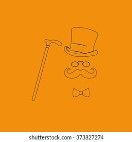 Mustache, glasses, cane and a hat illustration. Gentleman icon.
