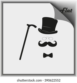Mustache, glasses, cane and a hat illustration. Gentleman icon. 