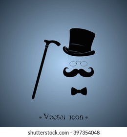 Mustache, glasses, cane and a hat illustration. Gentleman icon. 