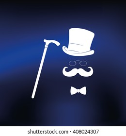 Mustache, glasses, cane and a hat illustration. Gentleman icon.