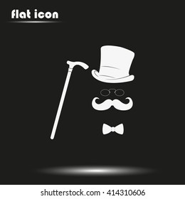 Mustache, glasses, cane and a hat illustration. Gentleman icon. 