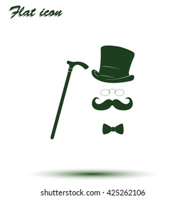 Mustache, glasses, cane and a hat illustration. Gentleman icon. 