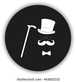 Mustache, glasses, cane and a hat illustration. Gentleman icon.