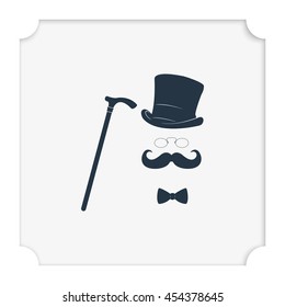 Mustache, glasses, cane and a hat illustration. Gentleman icon.