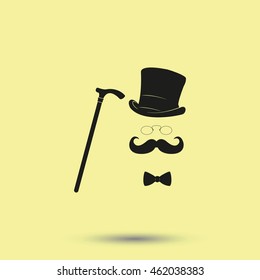 Mustache, glasses, cane and a hat illustration. Gentleman icon.