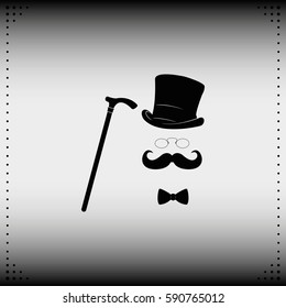 Mustache, glasses, cane and a hat illustration. Gentleman icon.