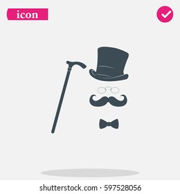 Mustache, glasses, cane and a hat illustration. Gentleman icon.