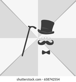 Mustache, glasses, cane and a hat illustration. Gentleman icon.