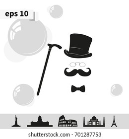 Mustache, glasses, cane and a hat illustration. Gentleman icon.