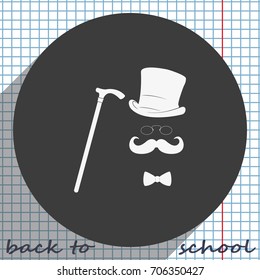 Mustache, glasses, cane and a hat illustration. Gentleman icon.